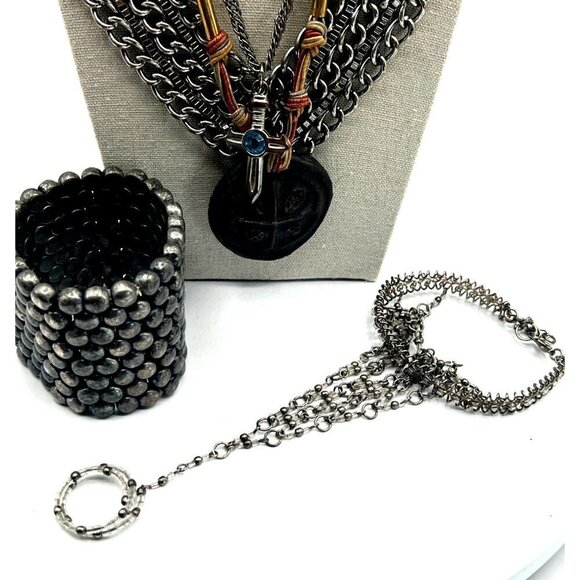 Vintage Multi-Layer Necklace & Bracelet Set With Chain Beaded Cuff & Rings - Picture 3 of 15